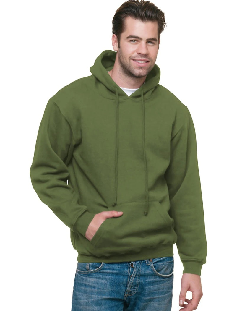 Man wearing an olive green hoodie on a white background